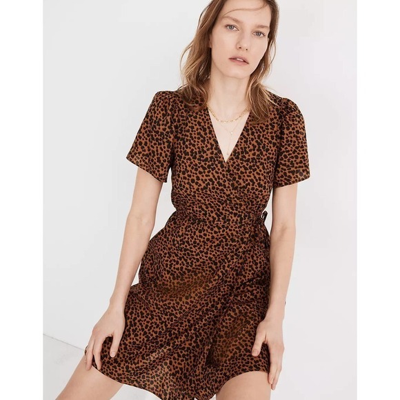 Madewell Brown & Black Painted Leopard Flutter-Sleeve Wrap Mini Dress XS NWT - Picture 1 of 15